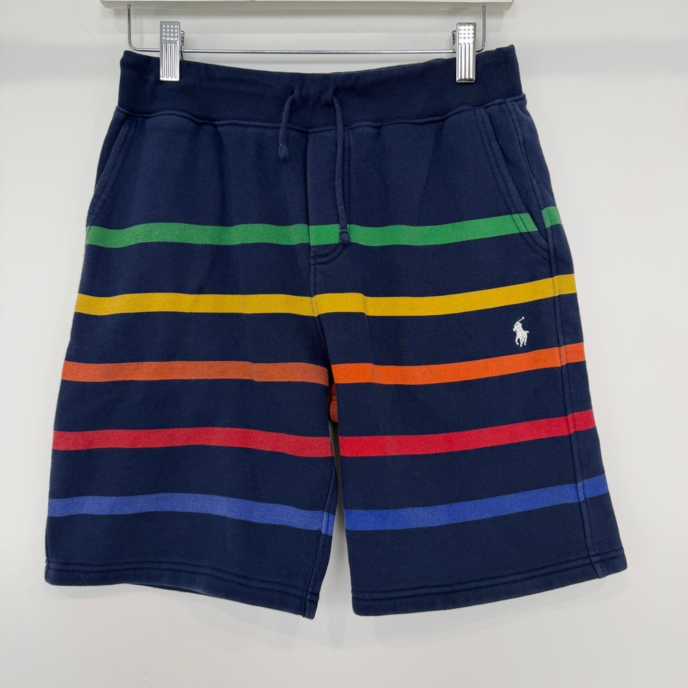 Polo Ralph Lauren Kids Navy Multi Color Stripe Fleece Shorts Size L 14-16